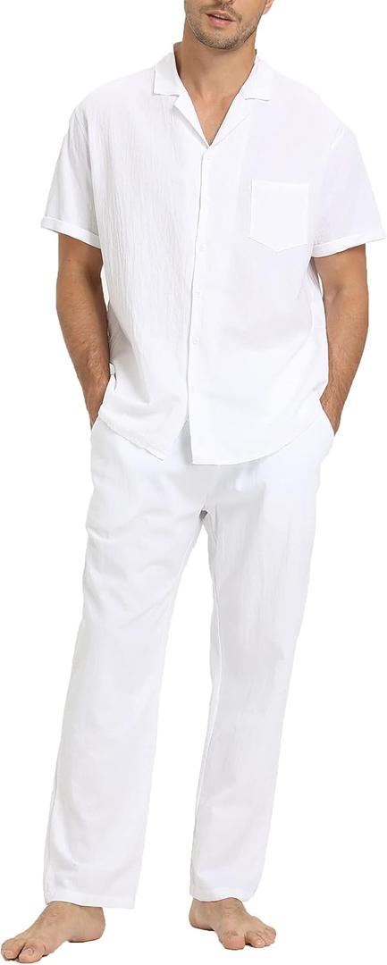 RPOVIG Linen Shirt Pants Outfits:Men's Linen Sets 2 Piece Short Sleeve Shirts Yoga Pants Beach Wedding Suits (Large, White)