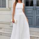 EYNMIN Summer Sleeveless Long Dress Crewneck Ruched Tank Flowy A Line Casual Formal Wedding Guest Dresses for Women (White, L)