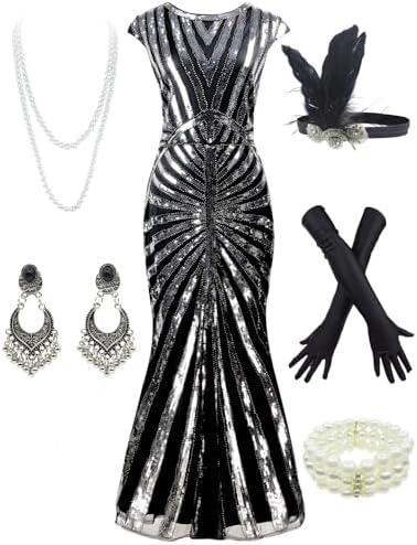 Women 1920S Gatsby Sequin Mermaid Formal Evening Dress with 20s Accessories Costume.L