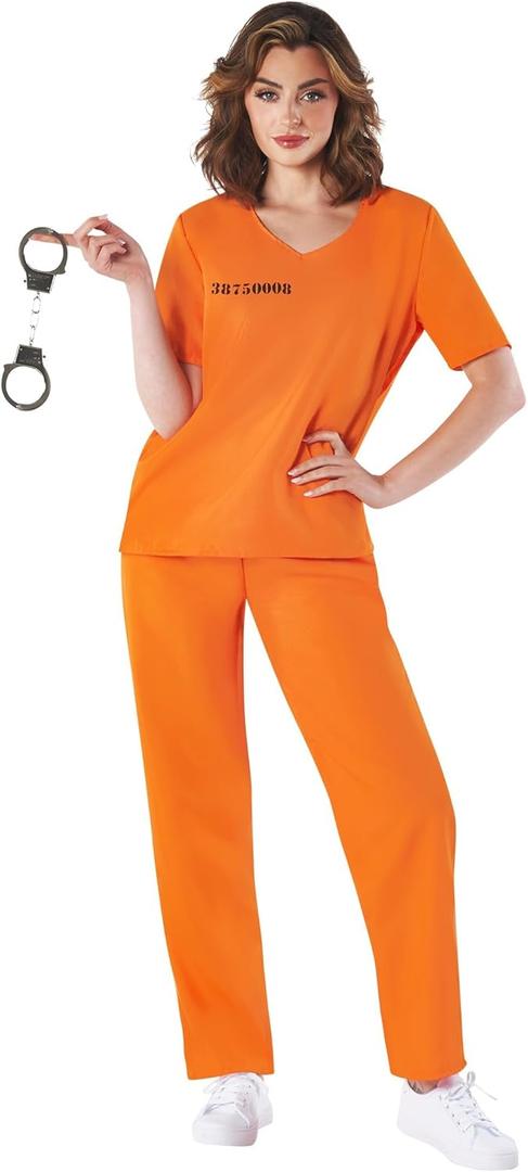 fun shack Women's Prisoner Costume, Inmate Outfit for Women, Jail Costume for Halloween or Costume Parties (Large, Orange)
