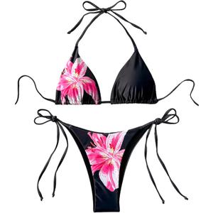 Verdusa Women's 2 Piece Floral Halter Triangle Bikini Sets Backless Self Tied Swimsuit Bathing Suits (XL)