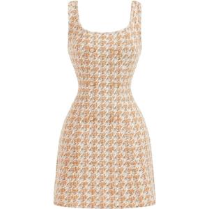 Floerns Women's Plaid Tweed Dress Sleeveless Square Neck Elegant Work Mini Dress (Medium, Ginger)