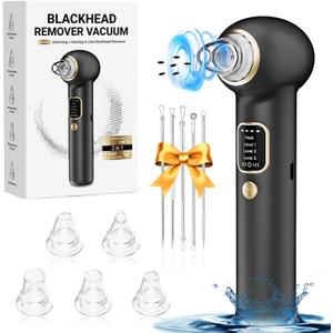 Pore Vacuum Blackhead Remover, Blackhead Extractor with 3 Adjustable Suction Levels, 5 Probes, Blackhead Remover Tools for Women and Men (Black)