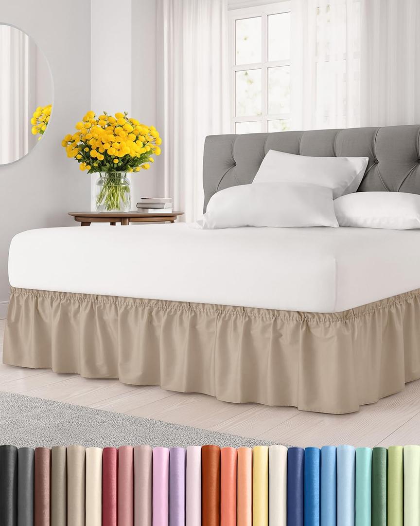 Wrap Around Dust Ruffle Bed Skirt - Cream - for King Size Beds with 15 Inch Drop - Easy Fit Elastic Strap - Adjustable Pleated Bedskirt w/Brushed Fabric - Wrinkle Free - for Women, Men, Kids & Teens