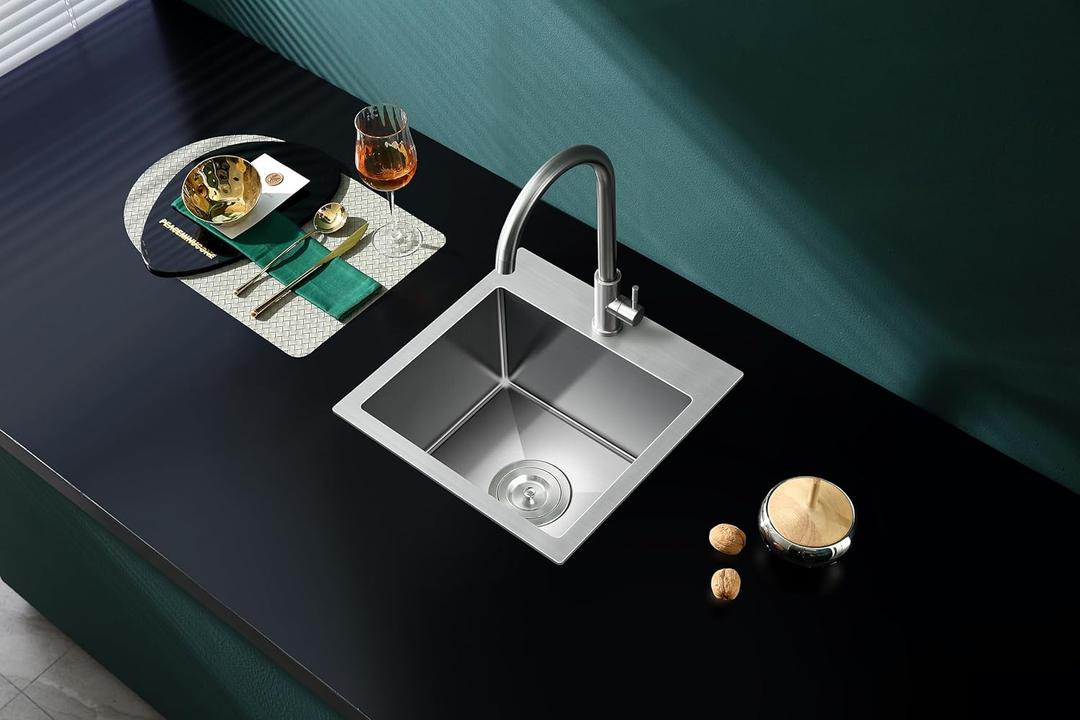 15 inch Drop in Bar Sink, Small Topmount Kitchen Sink Single Bowl, Handmade T-304 Stainless Steel Overmount Kitchen Bar Sink with Basket Strainer