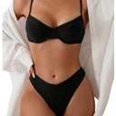 SweatyRocks Women's 2 Piece Bikini Set Spaghetti Strap High Cut Push Up Underwire Swimsuit (Black, Large)