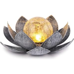 Huaxu Solar Lights Outdoor Garden, Crackle Globe Glass Lotus Decor, Waterproof LED Metal Flower Decorations for Patio,Lawn,Walkway,Tabletop,Ground (Back and White Retro)