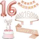 Sweet 16 Party Decorations, Including 16th Tiara and Sash, Happy Birthday Banner, Cake Toppers, Number Candles and Balloons Set, Rose Gold