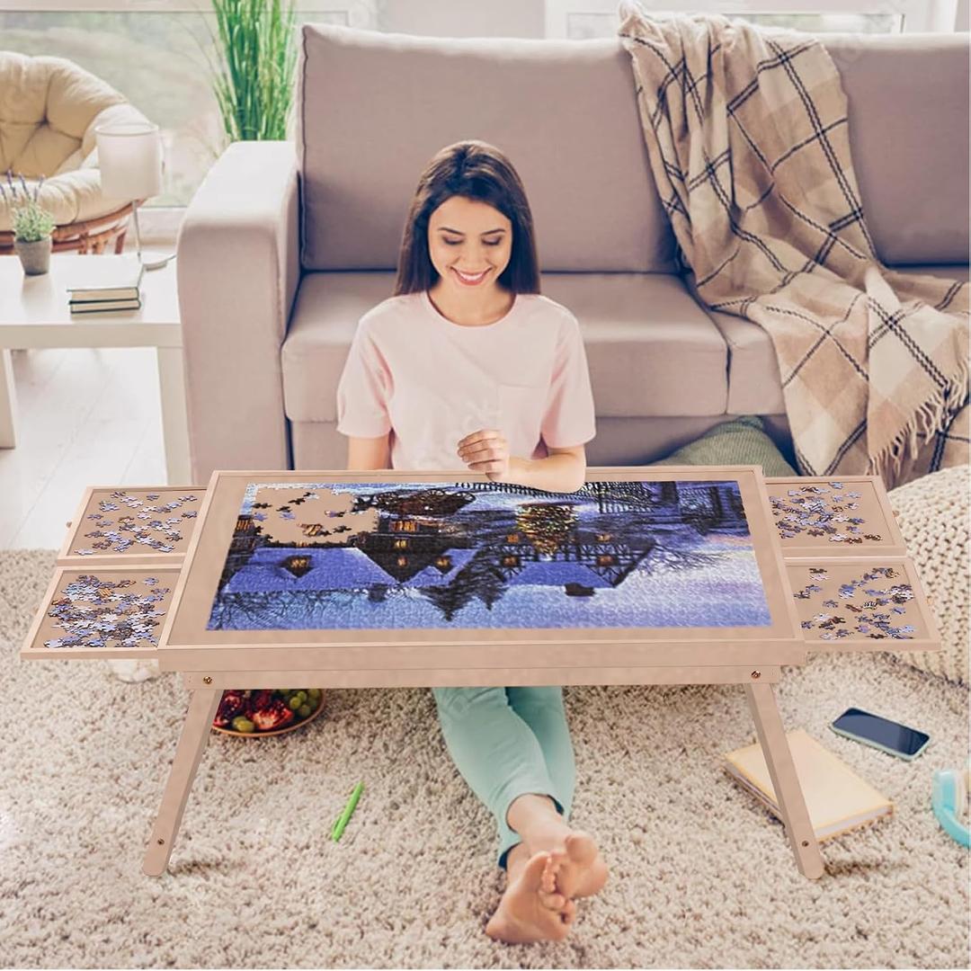 Puzzle Board 1500 Pieces,34.3x 26.5 Jigsaw Puzzle Table with 4 Drawers and Cover,Portable Board GameTable with Folding Legs for Adults and Teens(Almond Color), 1500pcs