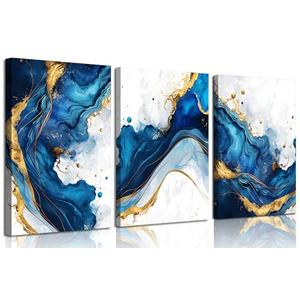 3Pcs Blue Gold Abstract Canvas Wall Art Modern White Blue Gold Foil Wall Decor Pictures Navy Blue and Gold Luxury Marble Posters Prints for Living Room Bedroom Home Decoration 12x16in
