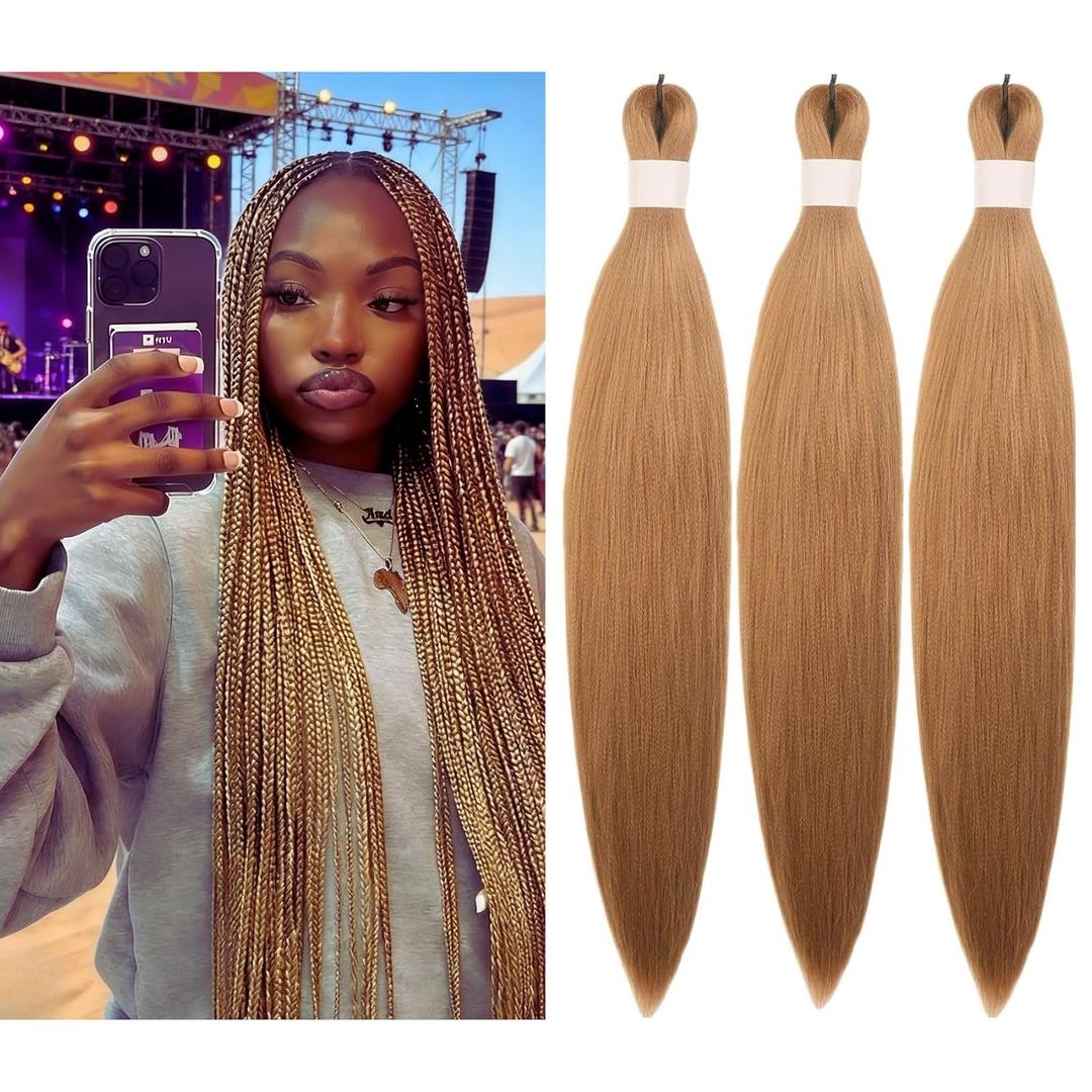 2 x Golden Brown Blonde Pre stretched Braiding Hair 24/27 Mix Color Yaki Braiding Hair Extensions Braid for Knotless Brown Braids Non Toxic Hypoallergenic