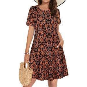 Summer Dresses for Women Casual Tshirt Short Sleeve Floral Sundress Beach Cover Ups with Pockets 2026, Black Orange Floral, 3XL