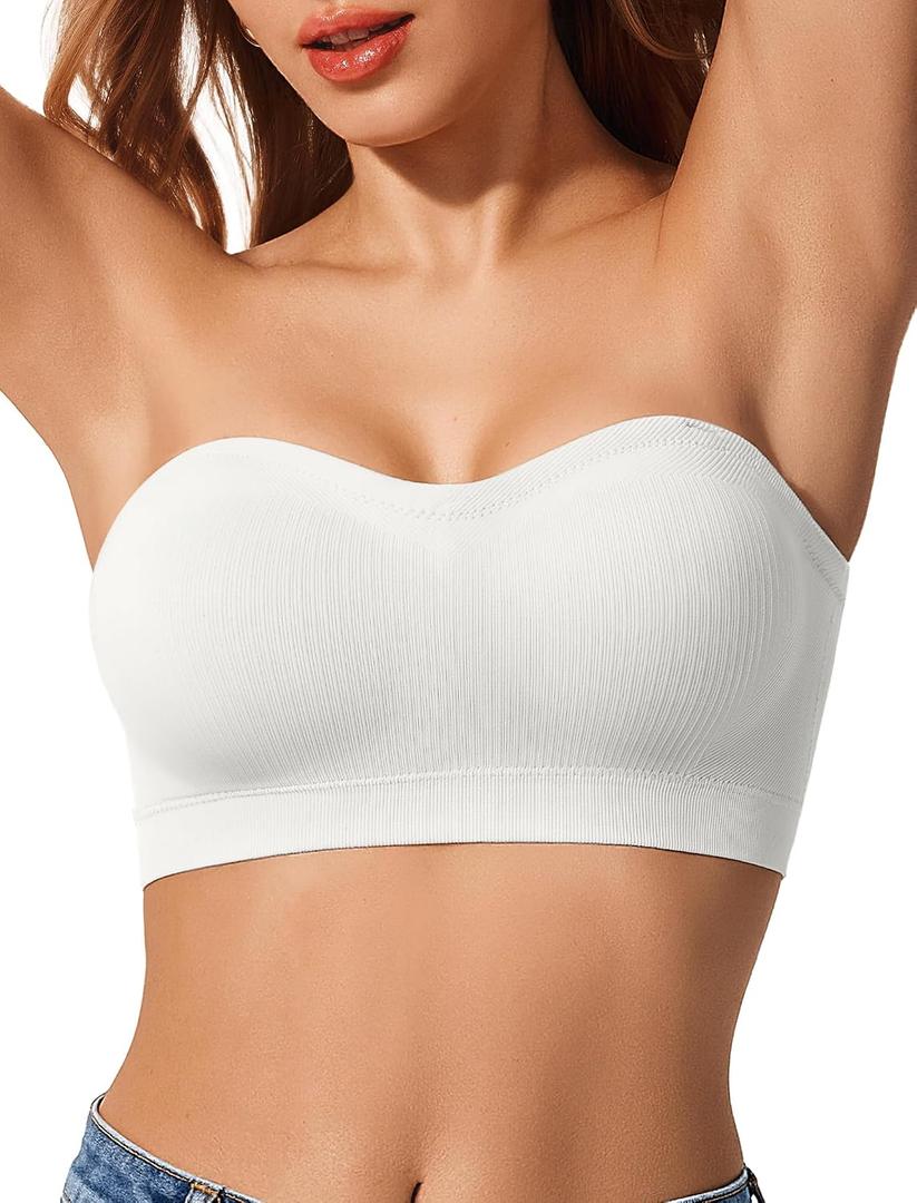 LetsJoli Push Up Strapless Bras for Women Supportive Bandeau Bra Non Slip Wireless No Underwire Padded Tube Bra, X-Large, White