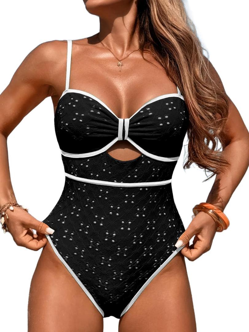 Womens One Piece Cutout Swimsuit, Sexy Tummy Control Bathing Suit, Color Block Monokini, 2025 Retro Swimwear (X-Large, Black)