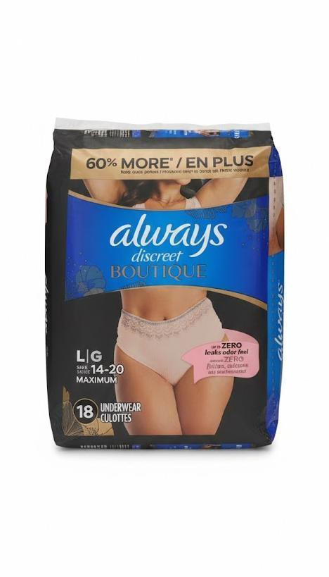 Always Discreet Boutique Incontinence and Postpartum Underwear for Women, Maximum Protection, Large, Rosy, 18 Count