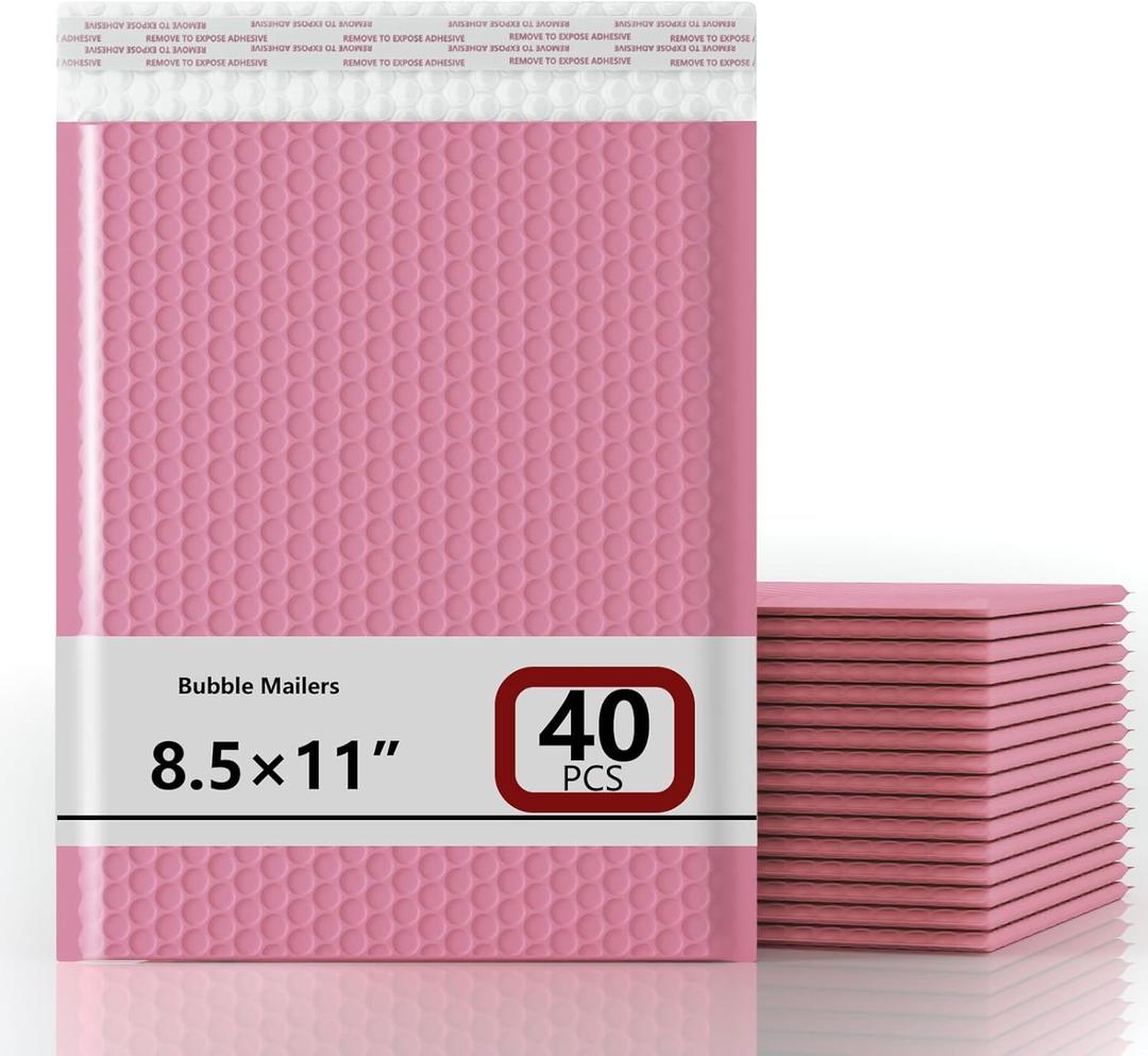 8.5x11 Inch Bubble Mailer 40 Pack, Waterproof Padded Envelopes with Strong Self-Seal Adhesive, Cushioning Shipping Bags with Bright Color for Small Business - Pink