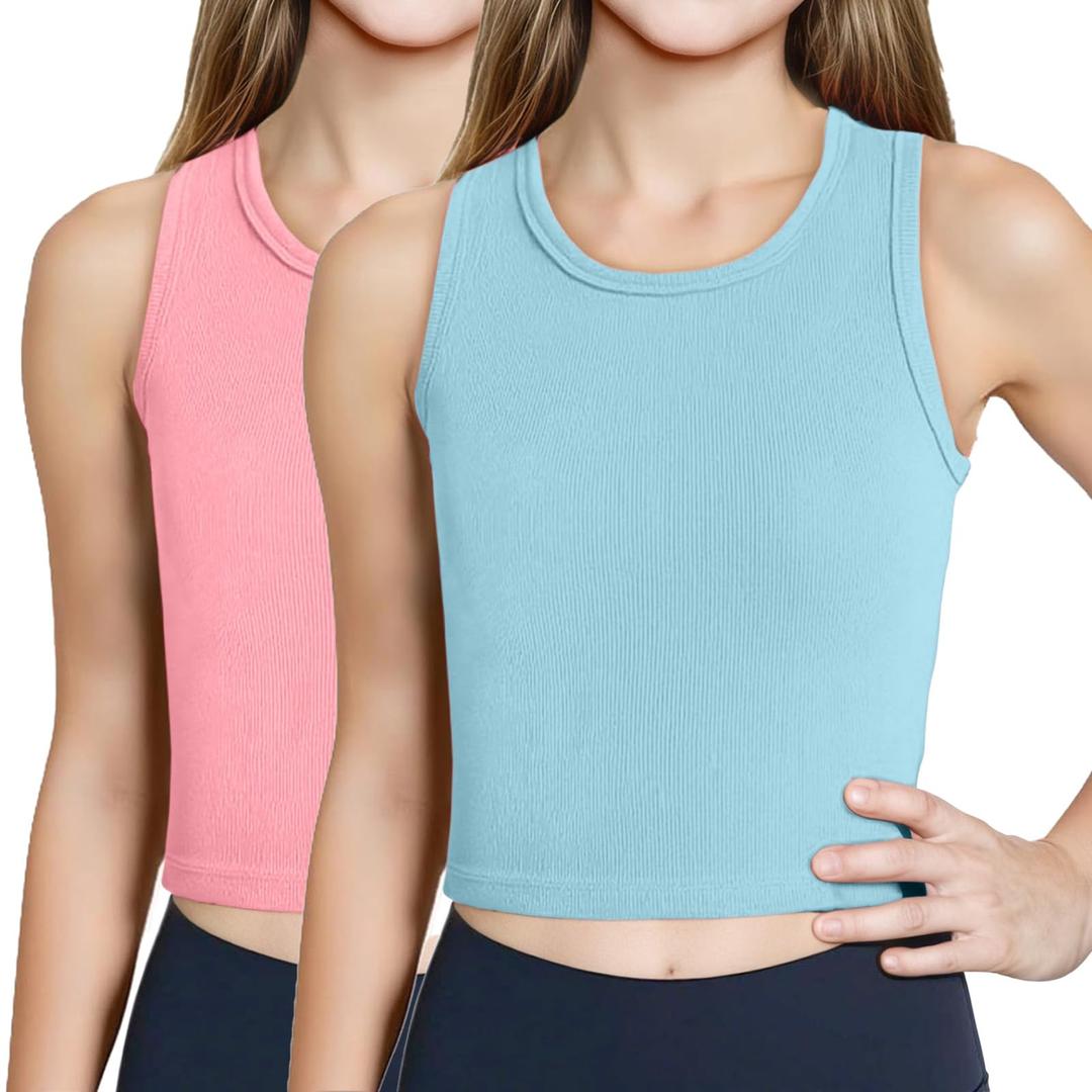 Girls Tank Tops Kids Athletic Ribbed Summer Sleeveless Crop Tops School Workout Running Sports Outfits Basic Camisole (Pink)