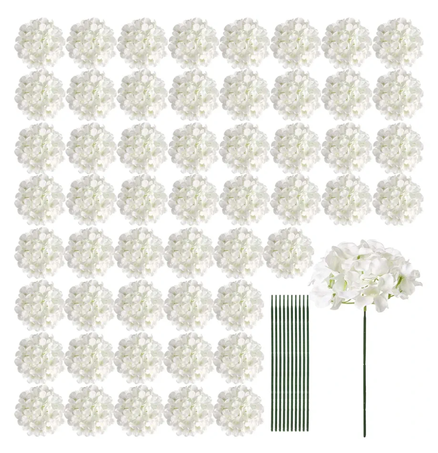 Auihiay 64 PCS Artificial Hydrangea Flowers, Silk Hydrangea Full Flowers Heads with Stems for Wedding Centerpieces, Home, Garden, Baby Shower, Party Decoration (Ivory)