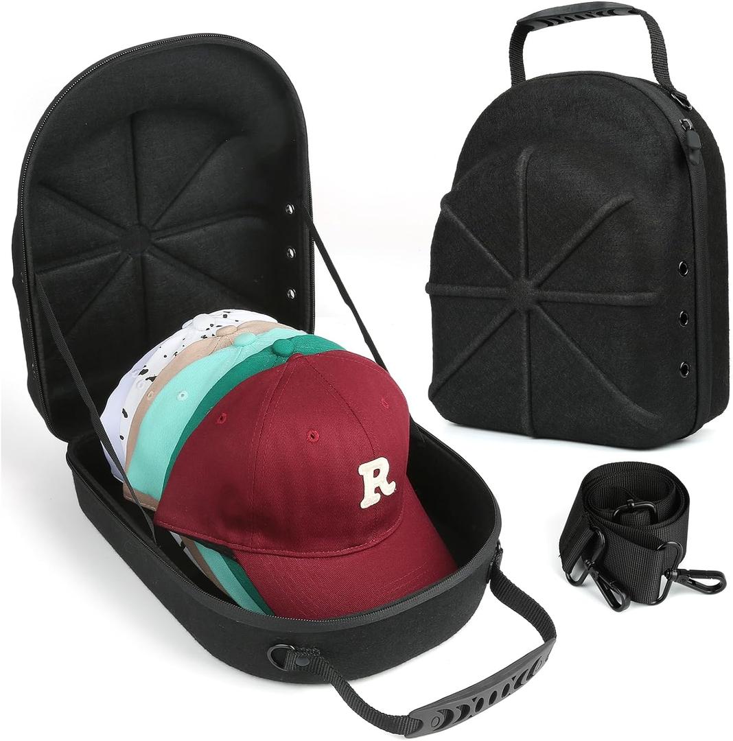 Hard baseball hat case, Hat Carrier Travel Case with Adjustable Shoulder Strap, Hat cap case for 6 Baseball Caps - Perfect for Traveling (Black)