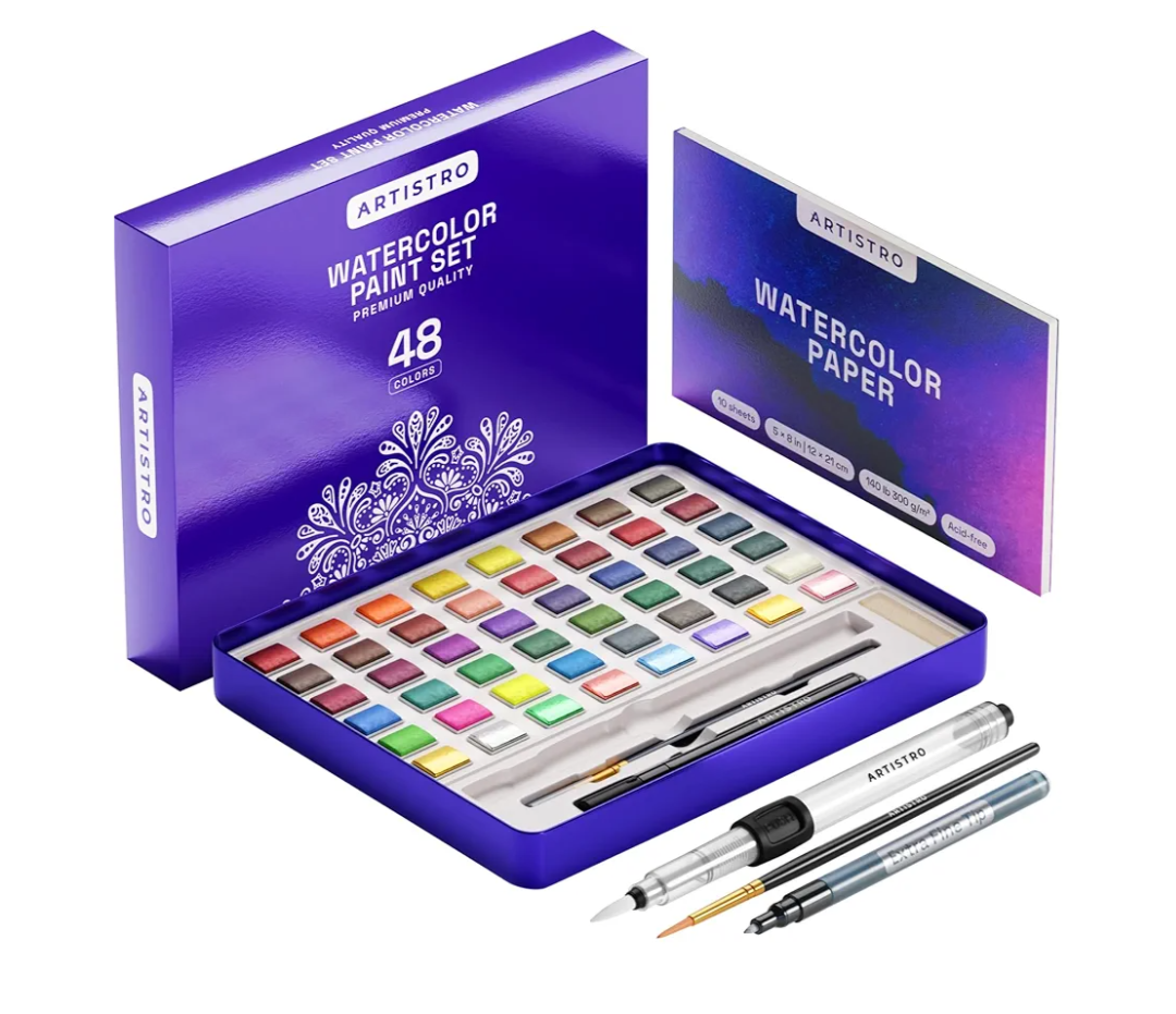ARTISTRO Watercolor Paint Set – 48 Vivid Colors in Portable Box, Including Metallic & Fluorescent Shades – Travel Art Kit for Artists, Hobbyists & Painting Lovers (Premium Home)