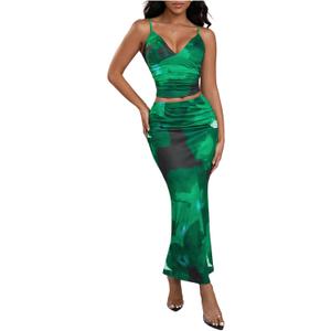 SOLY HUX Women's Skirt Sets 2 Piece Outfits Tie Dye Cami Tops and Bodycon Long Skirt Set (Green, S)