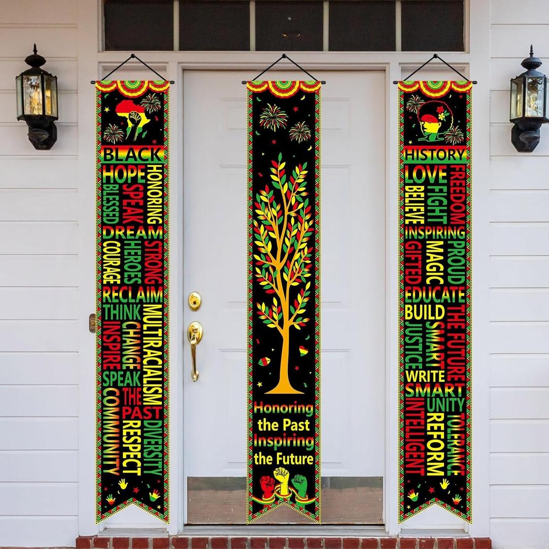 Wiooffen 3 PCS Black History Month Banners Bulletin Board MLK Day Decorations African American Front Door Porch Sign Black History Month Hanging Banner Juneteenth Wall Decor for Indoor Outdoor