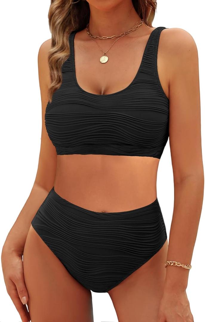 VIMPUNEC High Waisted Bikini Sets for Women Two Piece Tummy Control Swimsuits Sporty High Cut Bathing Suit (Medium)