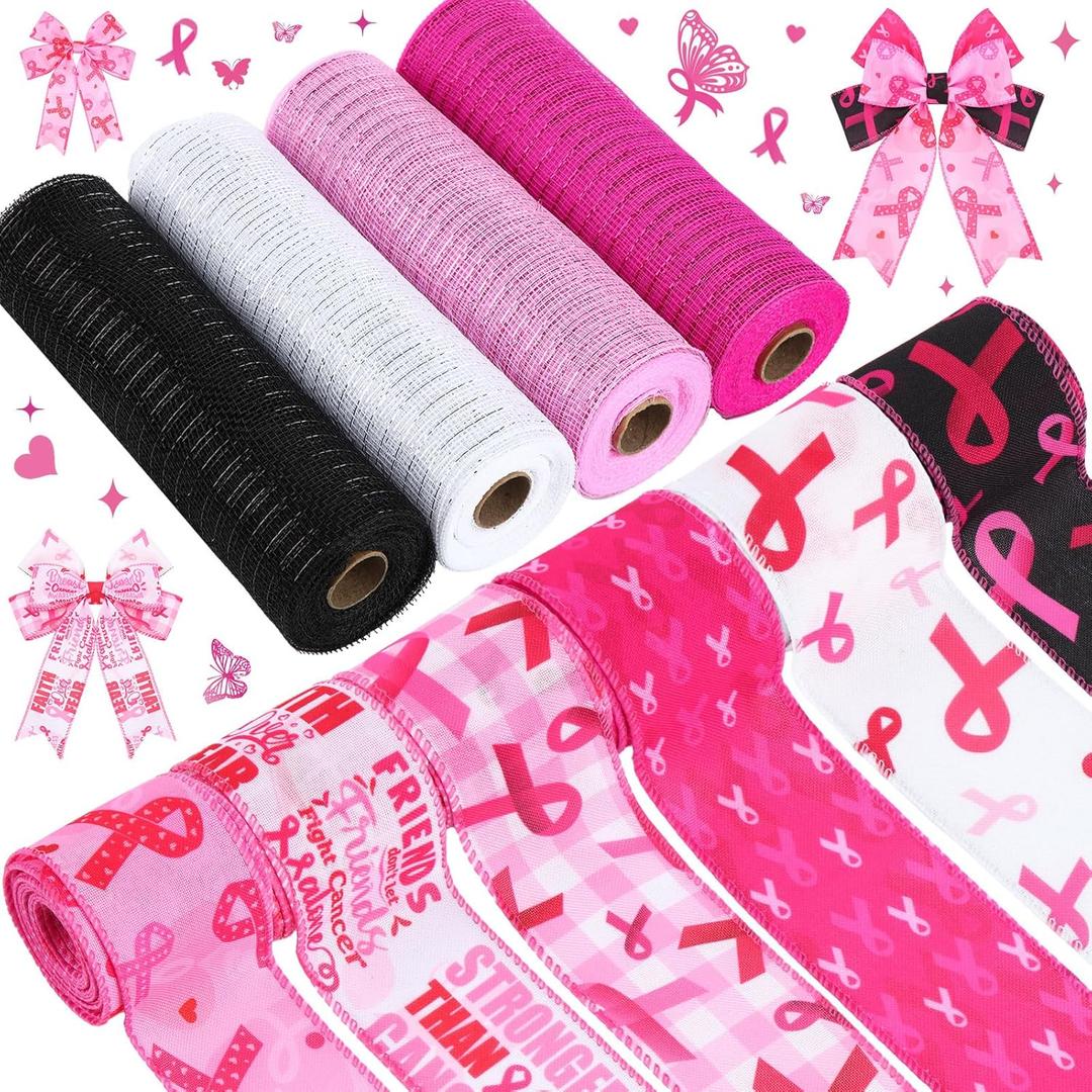 10 Pcs Breast Cancer Awareness Ribbon 4 Rolls Mesh Ribbon and 6 Rolls Pink Burlap Wired Edge Wreath Metallic Wreath Wrapping Crafts for Breast Cancer Party Home Decorative DIY Craft (Bright Color)