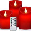Roomsily Flameless Battery Operated Flickering Candles:3PACK Red Real Wax Pillar Candle,Electric LED Candle with 10-Key Remote Control and 24 Hours Timer for Home Decoration Holiday Party