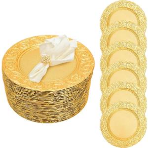 Antique Charger Plates Set, 100 Pcs 13in Plastic Embossed Dinner Plate, Round Phoenix Pattern Elegant Floral Plates for Dinner Wedding Party Event Table Setting Decoration (Gold)