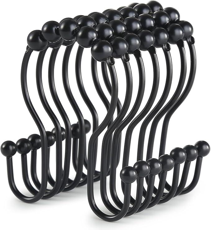Shower Curtain Hooks, Goowin Shower Curtain Rings, Stainless Steel Black Shower Curtain Hooks, Shower Curtain Rings Rust Proof, Free Sliding Double Shower Hooks for Shower Curtain & Liners (Black)