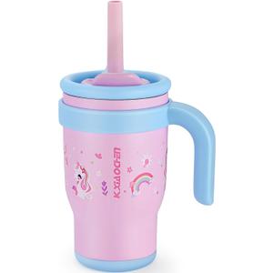 KXIAOCHEN 14 oz Kids Tumbler with Handle for spill proof Insulated Stainless Steel Reusable Tumbler for Toddlers, Keeps Drinks Cold up to 24 Hrs,Pink Unicorn