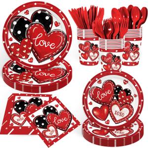 168Pcs Valentine's Day Party Supplies Red and Black Heart Party Decorations Cute Romantic Love Paper Plates Napkin Cups for Wedding Engagements Anniversary Birthday Tableware Serve 24 Guests