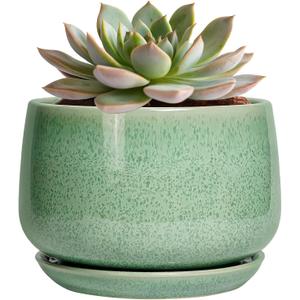 G EPGardening Ceramic Pots for Plants - 6 Inch Plant Pot with Drainage Hole and Saucer, Modern Ceramic Planter for Indoor Outdoor, Round Flower Planter, Gifts for Plants Lovers, Home Decor, Green