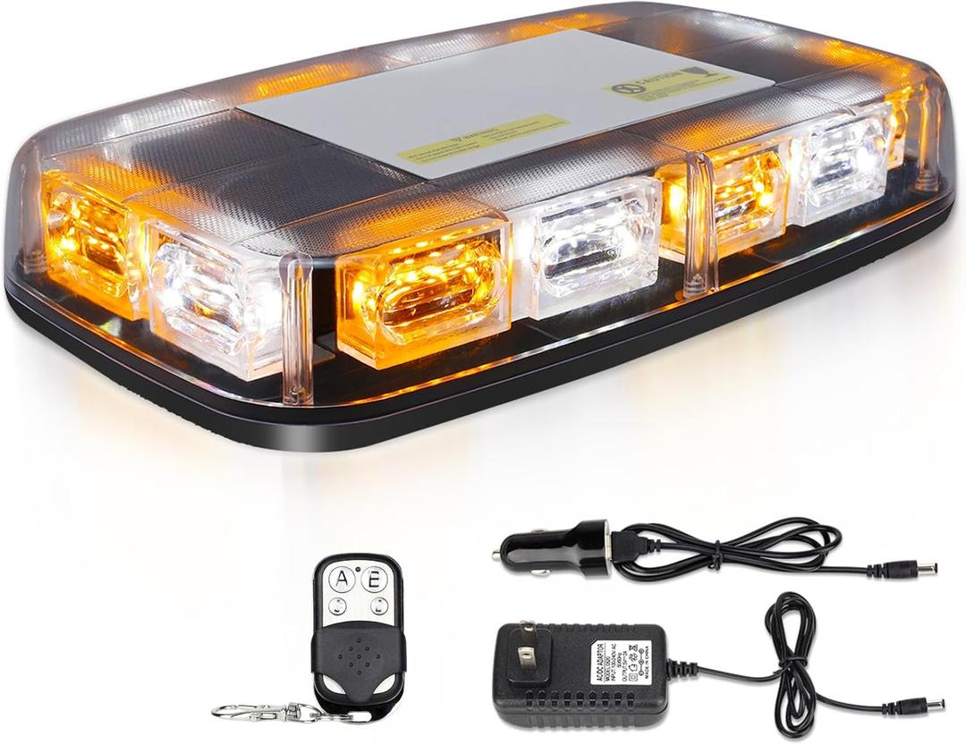 Amber White Strobe Lights with Magnetic Base, 48 LED Wireless Rechargeable Emergency Strobe Beacon Light, 12V-24V Roof Top Flashing Light for Car Trucks Vehicles