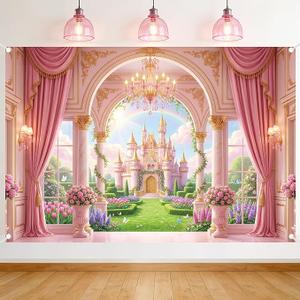 Princess Castle Palace Backdrop for Girl - 7x5 ft Pink Princess Birthday Party Supplies Pink Castle Backdrop for Wedding Baby Shower Decorations Little Princess Fantasy Fairyland Photo Booth Props
