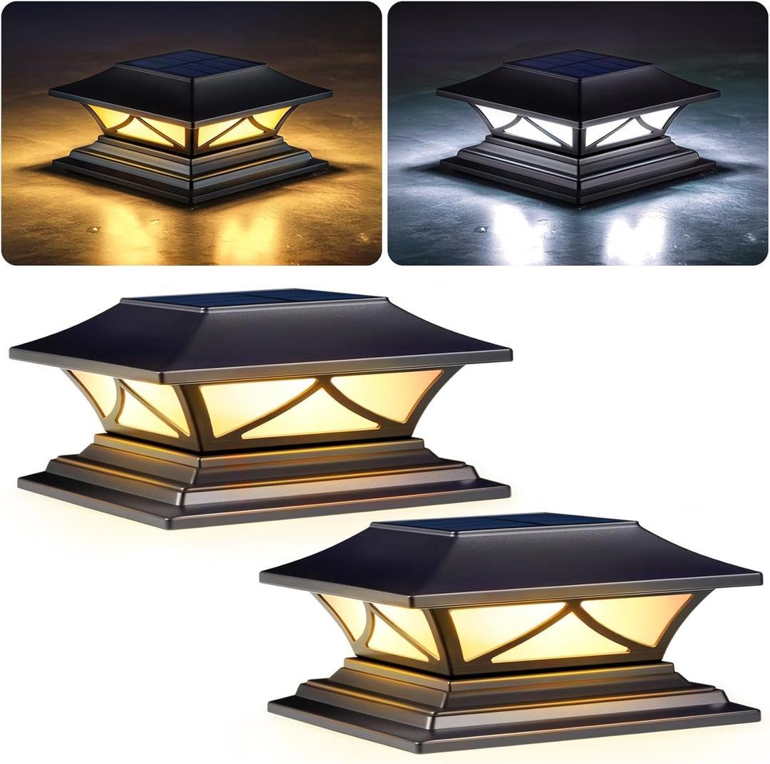 PASAMIC Solar Post Cap Lights 2 Pack, Solar Post Lights Outdoor Waterproof with 2 Color Modes, IP44 Deck Solar Powered for 4x4, 5x5, 6x6 Vinyl/Wooden Posts, Decorate Deck, Patio, Porch, Fence