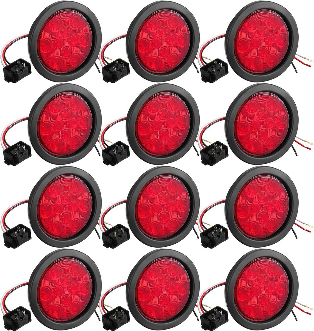 Treela 4 Inch Round LED Trailer Tail Lights, 10 LED Trailer Marker Lights Waterproof 12v Turn Brake Stop Light Sealed Flush Mount for Truck RV Boat(Red,12)