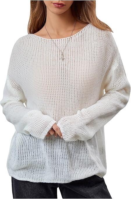 RoseSeek Women's Sheer Crochet Sweaters See Through Long Sleeve Knit Loose Pullover Tops, Size M