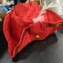 Red Costume Hat With Gold Trim And White Feathe