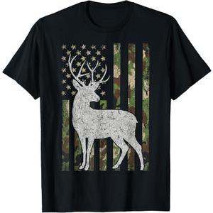 Whitetail Buck Deer Hunting Camouflage USA Flag 4th of July T-Shirt, S