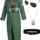 Kids Fighter Pilot Costume - Air Force Flight Suit Roleplay Dress Up with Aviator Accessories for Girls Boys (8-9 Years, Army Green)