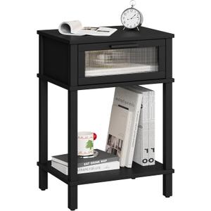 Nightstand Wooden Bedside Table with Drawer Black Night Stands Modern Style Small End Table Side Table with Storage Shelf for Bedroom Living Room MLBZ10B