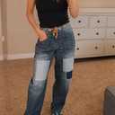 PLNOTME Womens Baggy Barrel Horseshoe Jeans Wide Leg Patchwork Low Rise Denim Pants with Pockets, Blue, 14