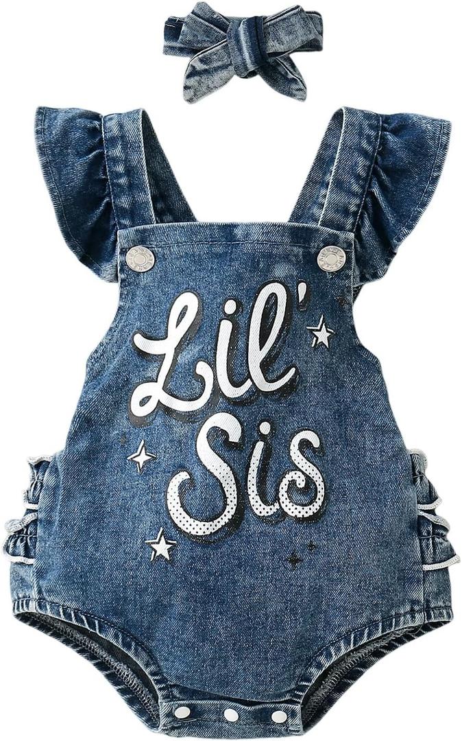 Baby Girls Summer Denim Romper Clothes Dress Newborn Onesie Sunsuit 3 6 9 12 18 Months One-Piece Jumpsuits Outfits (Blue-lil Sis)