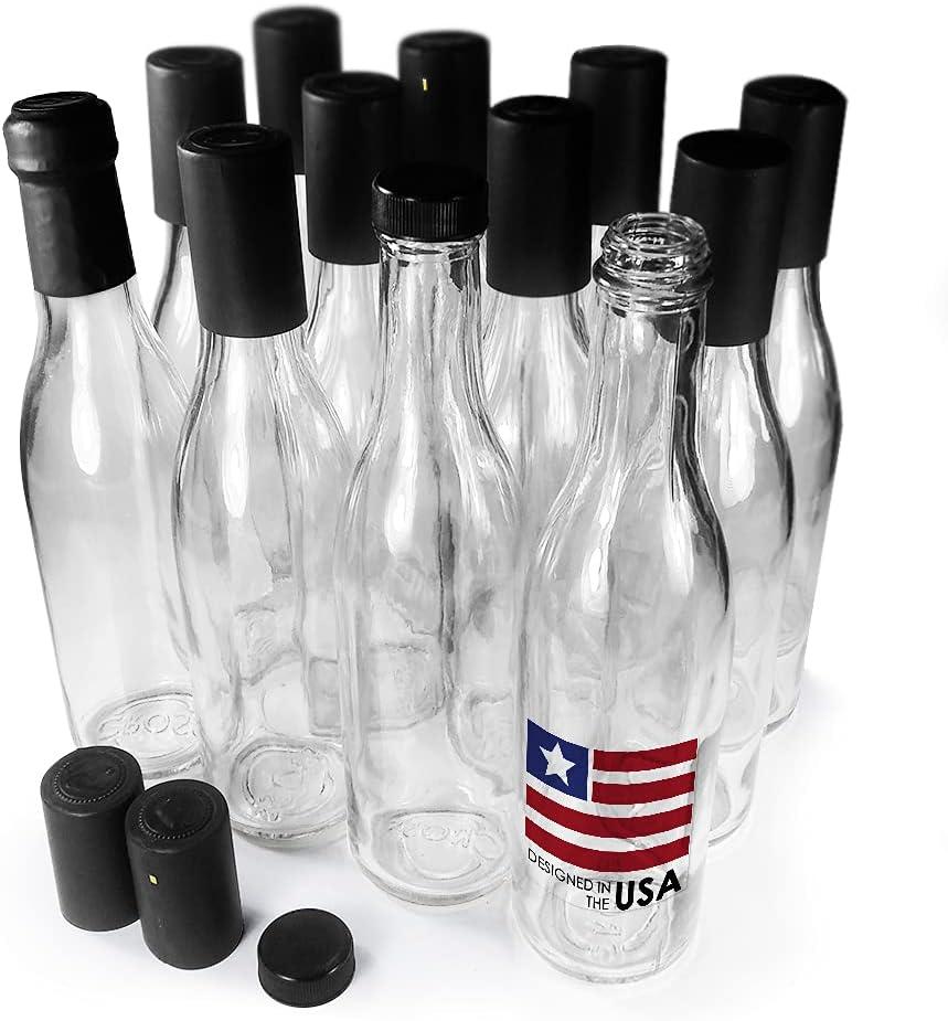 Woozy Bottles Empty 12 Oz Complete Sets of Premium Commercial Grade Clear Glass Dasher Woozy Bottle Shrink Capsule with Gold Tear Tab Leak Proof Screw Cap (Black 12 Sets) - 12 oz