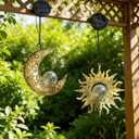 Solar Hanging Sun & Moon Lights Set for Outside,2 Pack Metal Lanterns Pierced Carving Soothing Lamp, Large Decorations for Yard Garden Patio Proch Tree Wall, Christmas Gifts for Women Mom