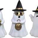 Resin Small White Ghost Figurines, 3PCS Ghosts with Witch Hats, Cute Ghost Statue for Spooky Halloween Decor, for Indoor Halloween Party Tabletop Home Shelf Decoration (Set of 3, White, Black and Gold)