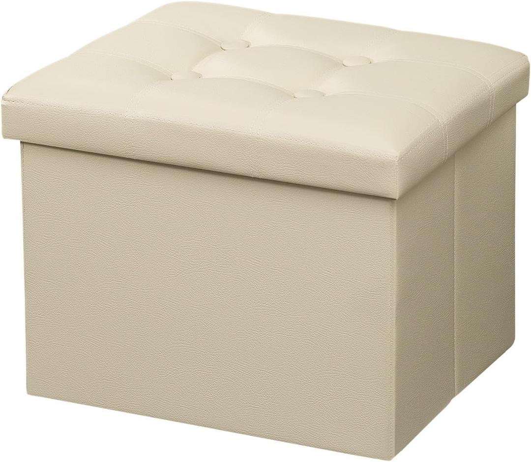 AmasSmile Storage Ottoman Folding Foot Rest Stool, Leather Footstool Bench, Short Ottoman Stool, Storage Foot Rest Store, Books (Beige, 17"*13"*13")