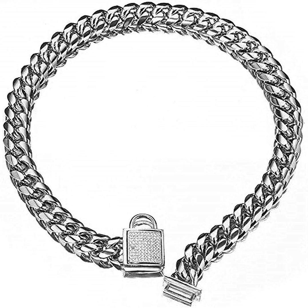 Pet Dog Collar, Top Stainless Steel Dog Chain Training Collar, 14mm Silver Tone Cuban Curb Chain Dog Collar, with White Zirconia Lock Dog Collars(14mm Silver,20inch)